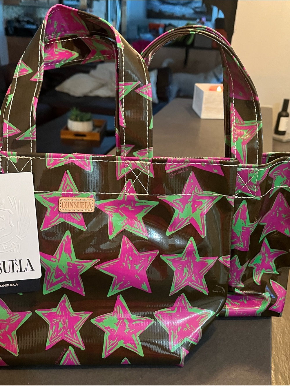 Consuela Green Background Tote with Pink Star Print - Picture 5 of 6